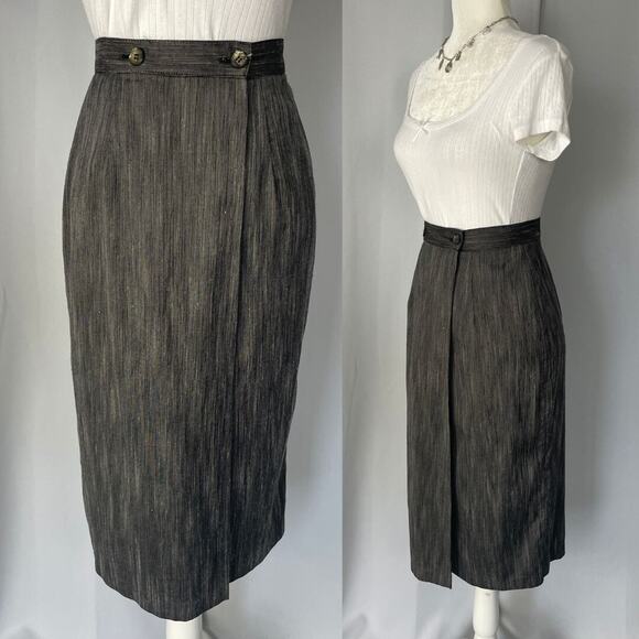 Vintage Pencil Skirt Size 8 Gray Midi Button Preppy Academia Minimalist 80s 90s - Picture 1 of 14